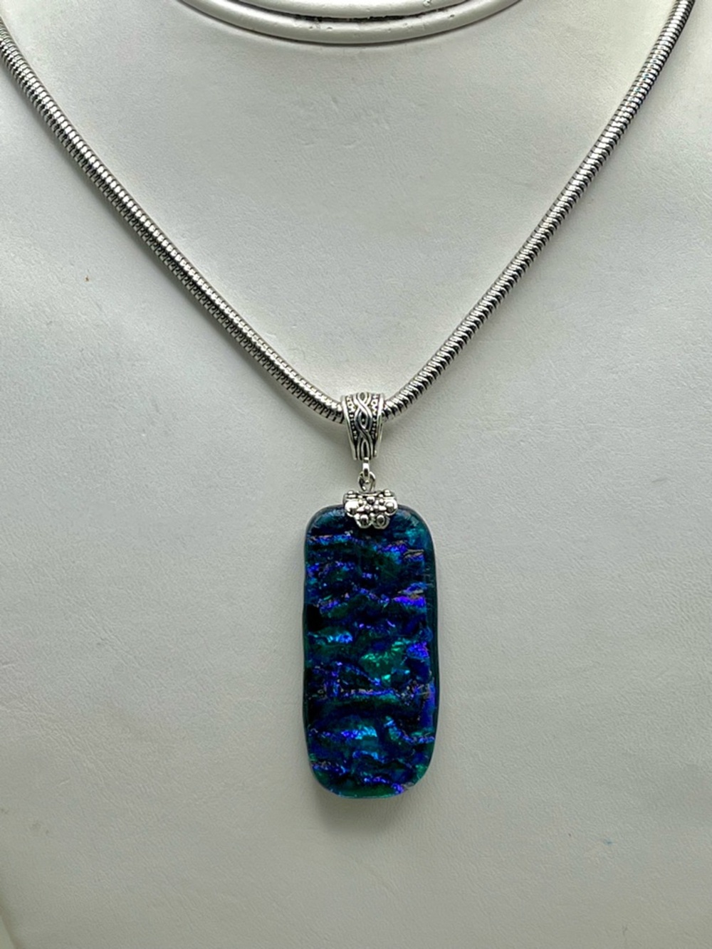 Sterling Silver Blue-Green Artisan Dichroic Glass Pendant Necklace - Picture 5 of 7